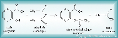  acide salicylique + anhydride éthanoïque= acide acétylsalicylique (aspirine) + acide éthanoïque